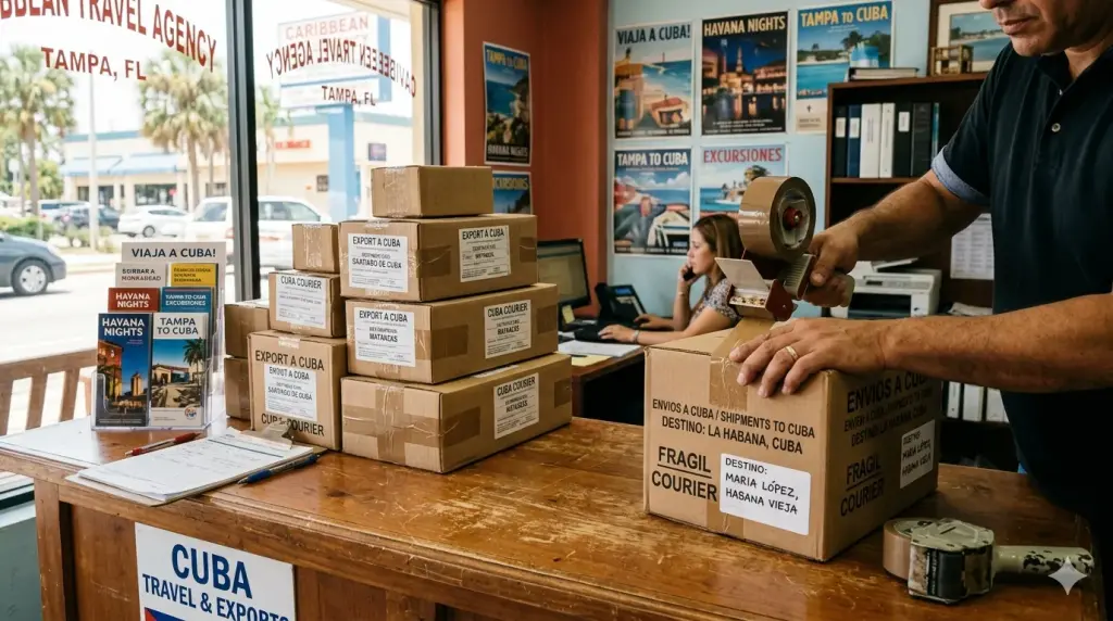Cajas listas para enviar paquetes a Cuba desde Tampa en oficina de M&K Adventure